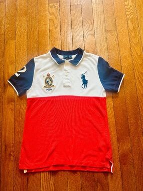 Polo Ralph Lauren Boys Polo Shirt Size 7 Red White Blue Colorblock Big Pony Cres